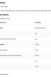 OstroVit Xylitol nutrition facts label showing ingredients and values per 100 g for 750 g product.